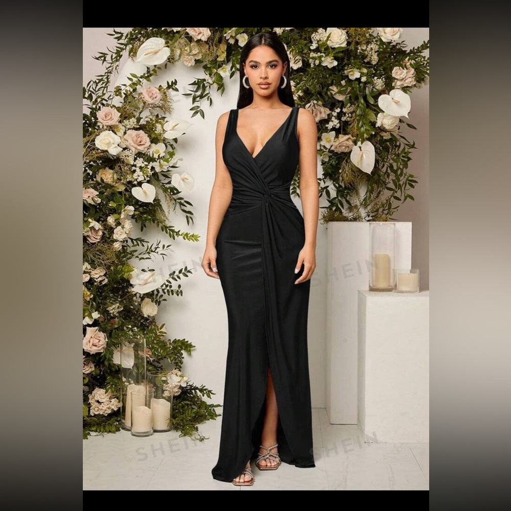 SHEIN twist front floor length black dress! Size: L, never worn!